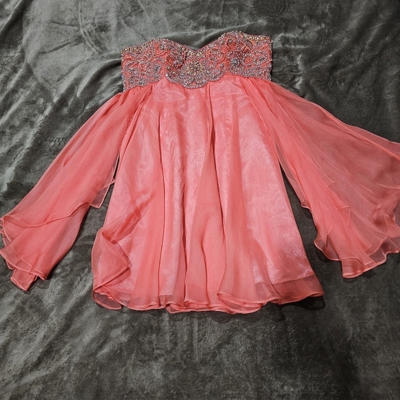 Sherri Hill ✦ Strapless Beaded Mini Dress ✦ Coral Rhinestone Prom Silhouette 8 - Picture 16 of 17